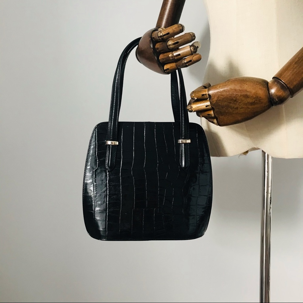 Elegant Black Crocodile-Embossed Handbag